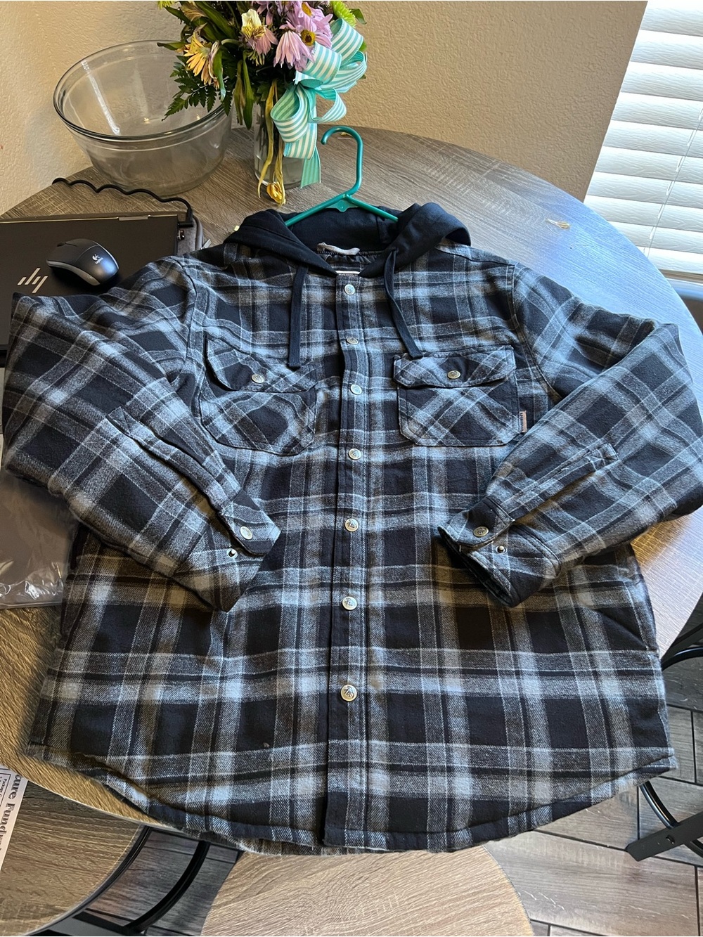 Men's Black & Gray Plaid Hooded Flannel Jacket